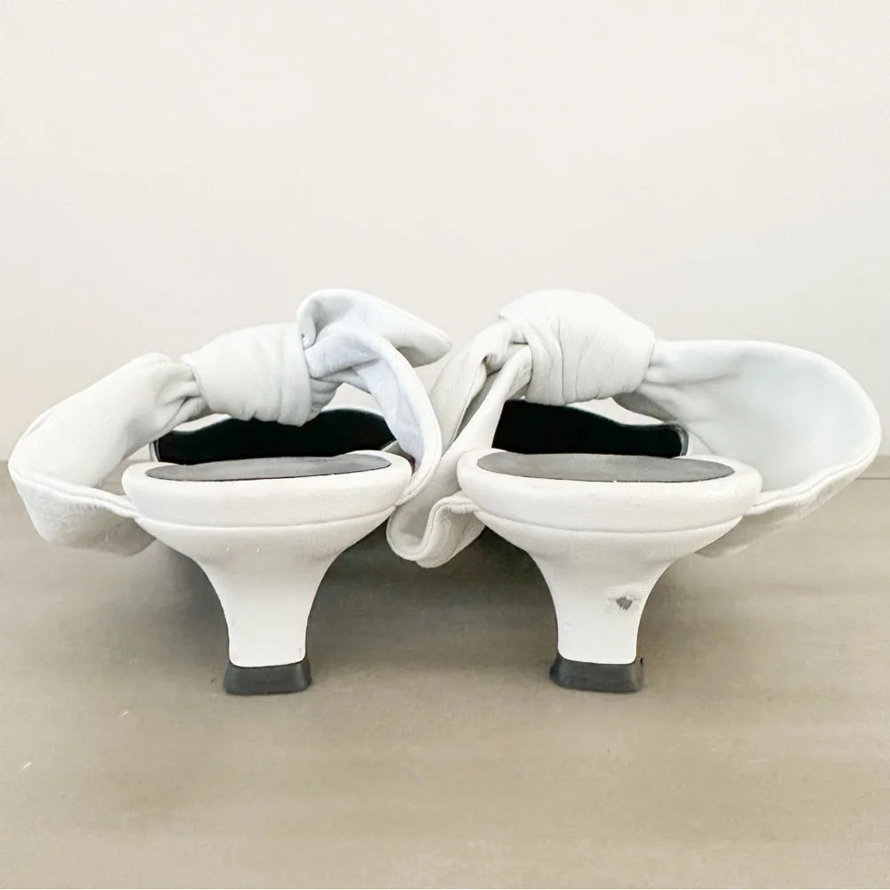 The Row White Leather Coco Bow Kitten Heel Mules sz 40